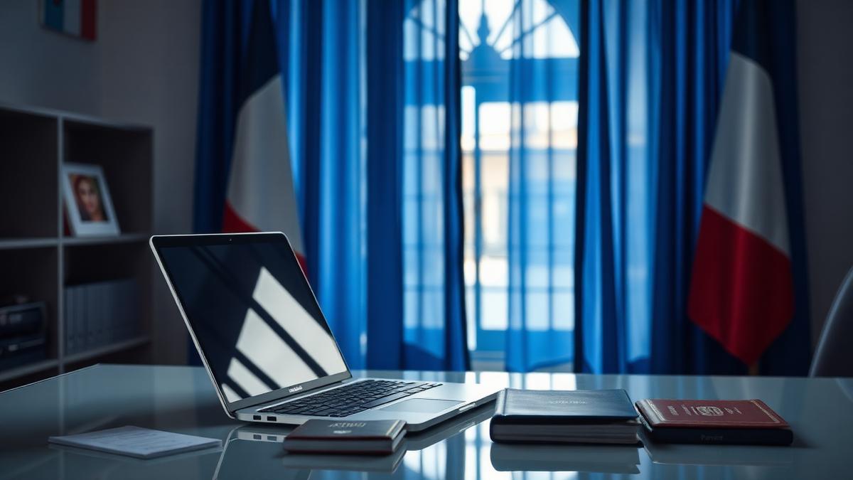 Ordinateur portable ouvert sur le portail ANEF avec un passeport et une carte de séjour posés sur un bureau