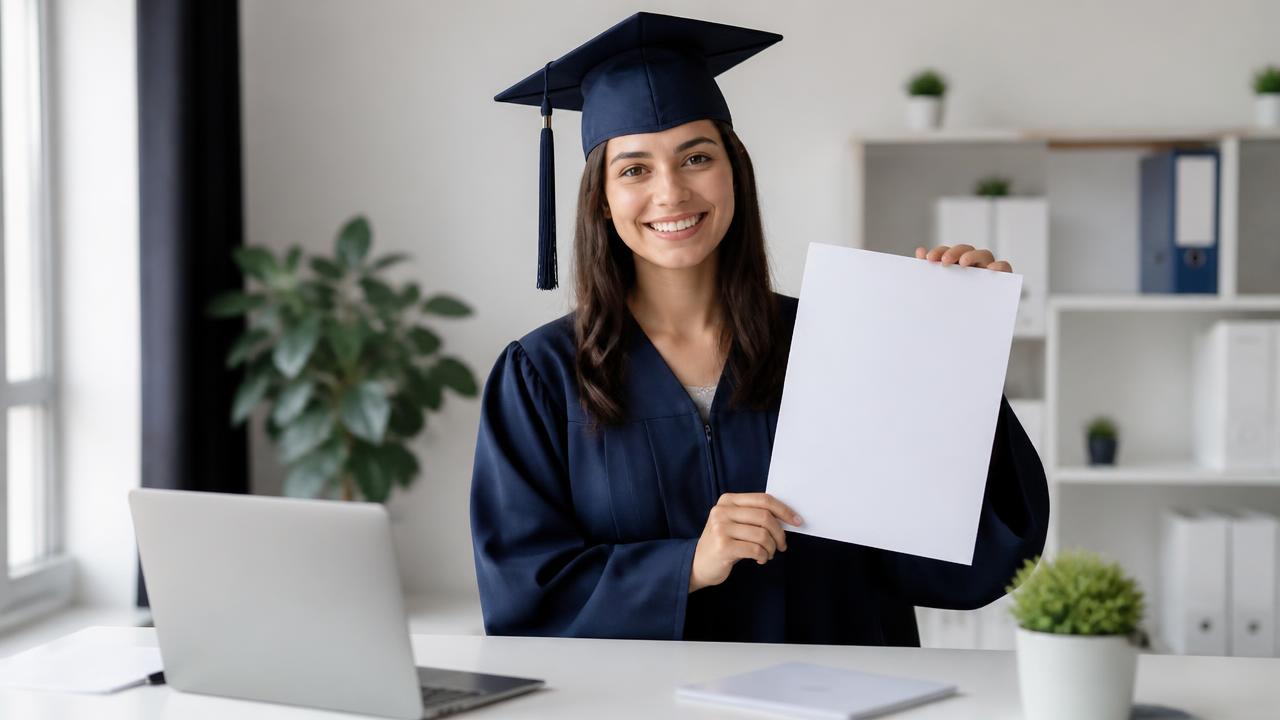 Jeune diplômé tenant son diplôme et son contrat de travail lors d'un changement de statut étudiant vers salarié en France