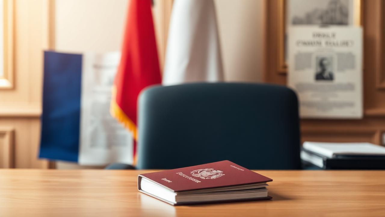 Passeport français bordeaux posé sur un bureau avec drapeau tricolore en arrière-plan