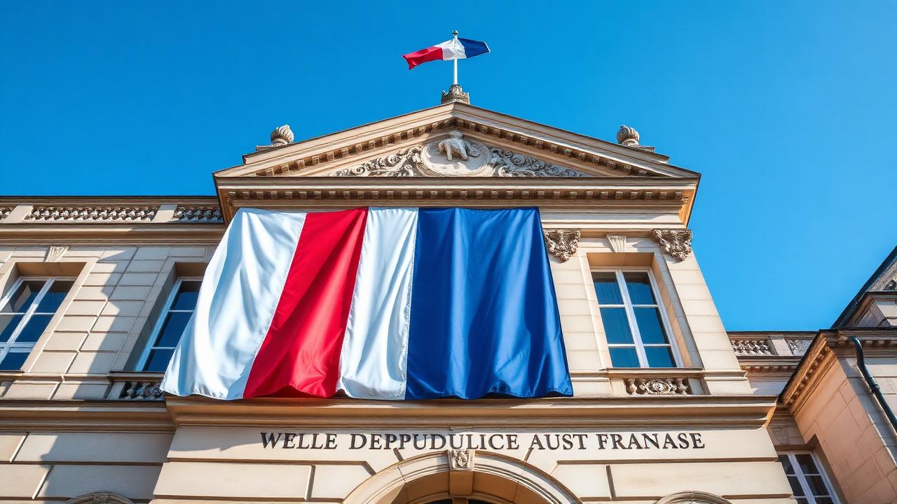 Façade d'une mairie française avec drapeau tricolore et devise République Française
