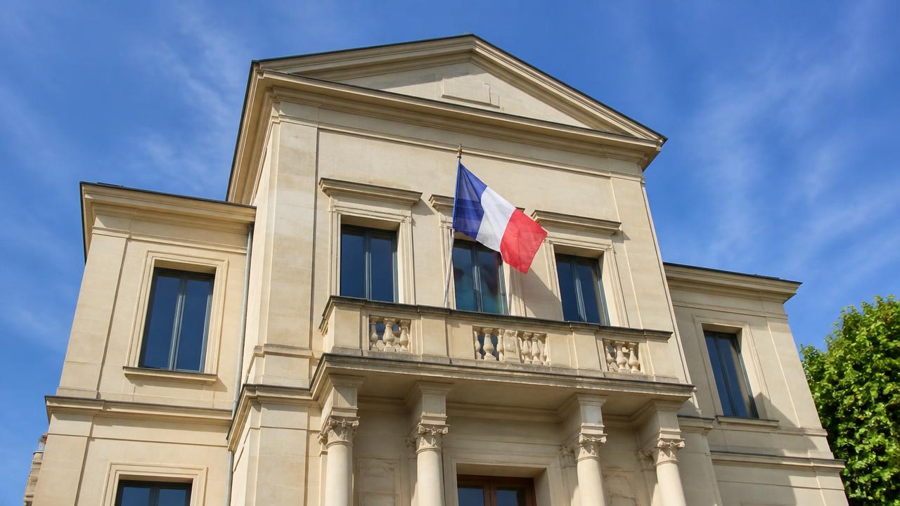 Façade d'une mairie française avec drapeau tricolore et devise République Française