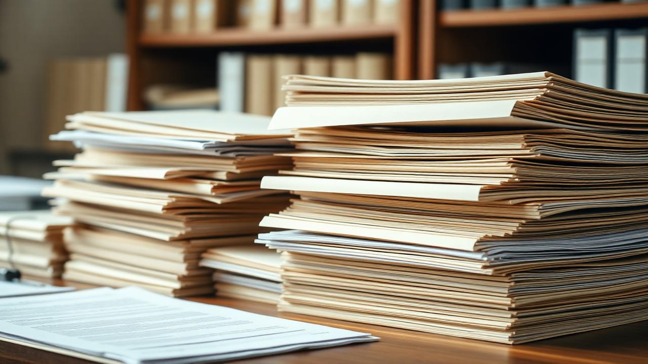 Pile de dossiers administratifs français avec chemises cartonnées et documents officiels