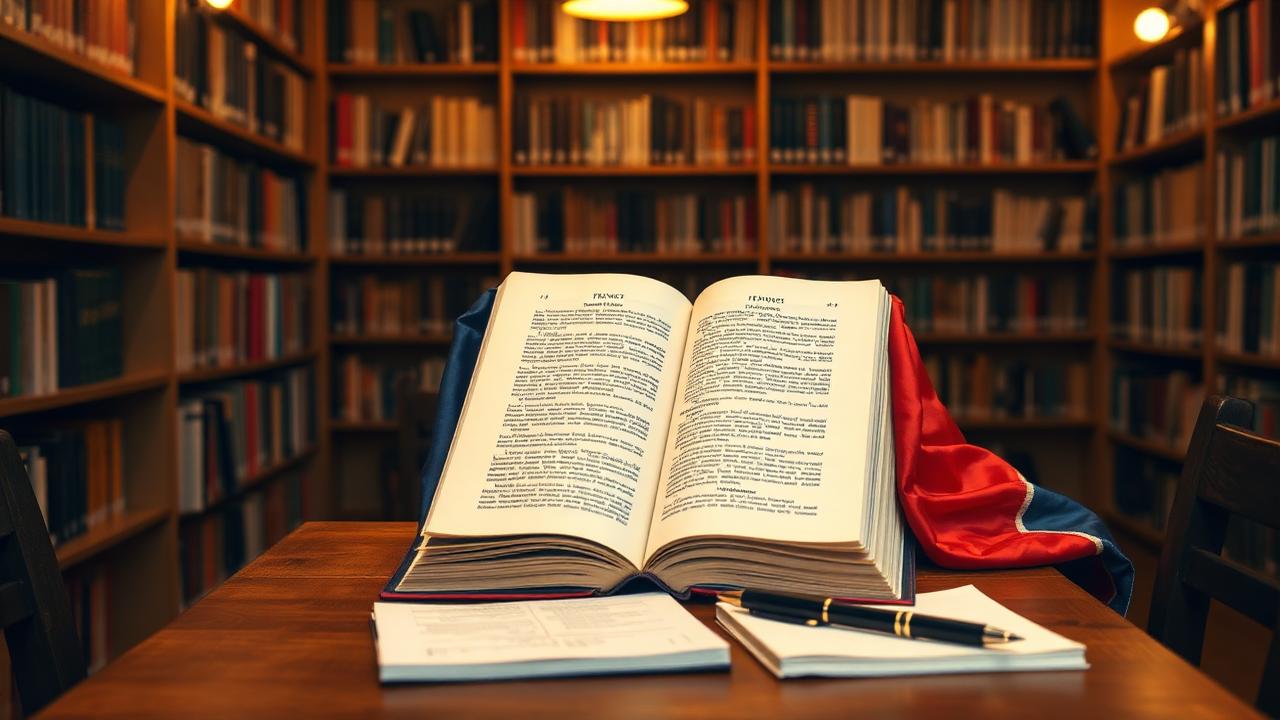 Livre ouvert et drapeau tricolore français dans une bibliothèque, ambiance étude civique