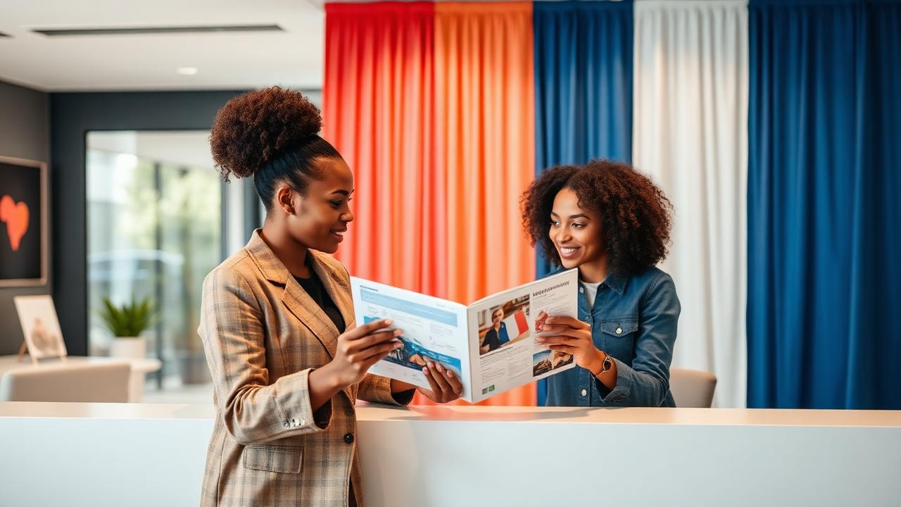 Personne consultant une brochure d'information administrative devant un drapeau tricolore