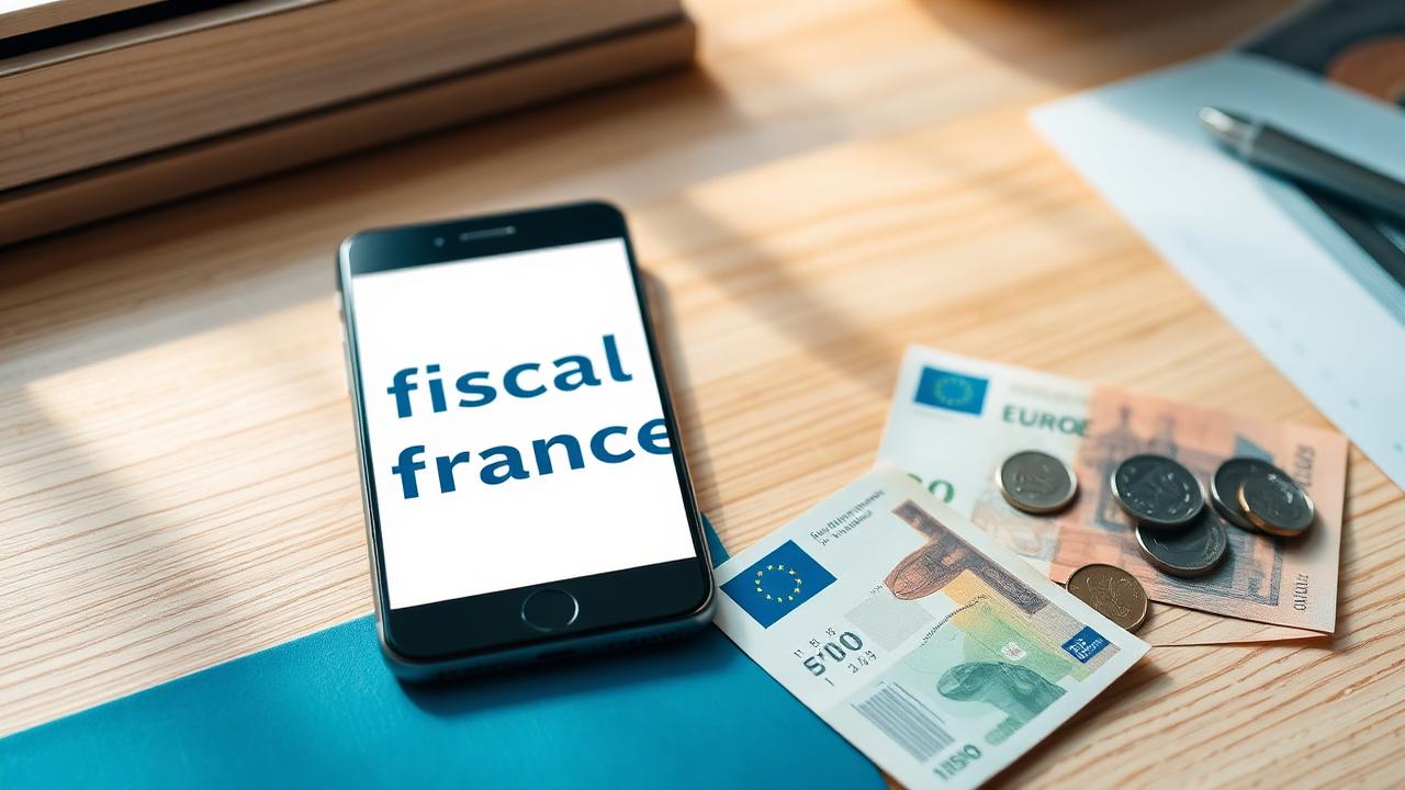 Smartphone affichant un timbre fiscal électronique français à côté de billets et pièces en euros